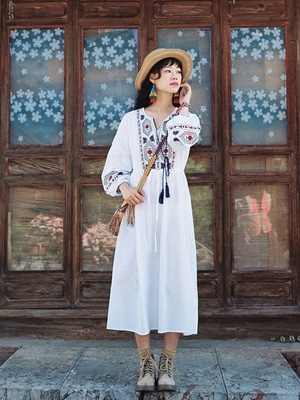 エスニックワンピース 刺繍 ロングスカート トレンド かわいい 双子コーデ 韓国 おしゃれ 夏