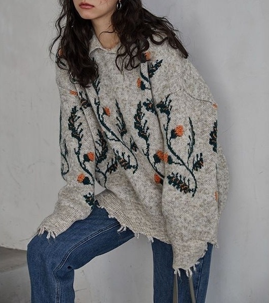 レトロ フラワー ニット ダメージ セーター ポロカラー 長袖 無地 パーティースタイル ホームパーティーアイテム オフィススタイル スキッパー エレガントスタイル カジュアルスタイル ラウンジウェア