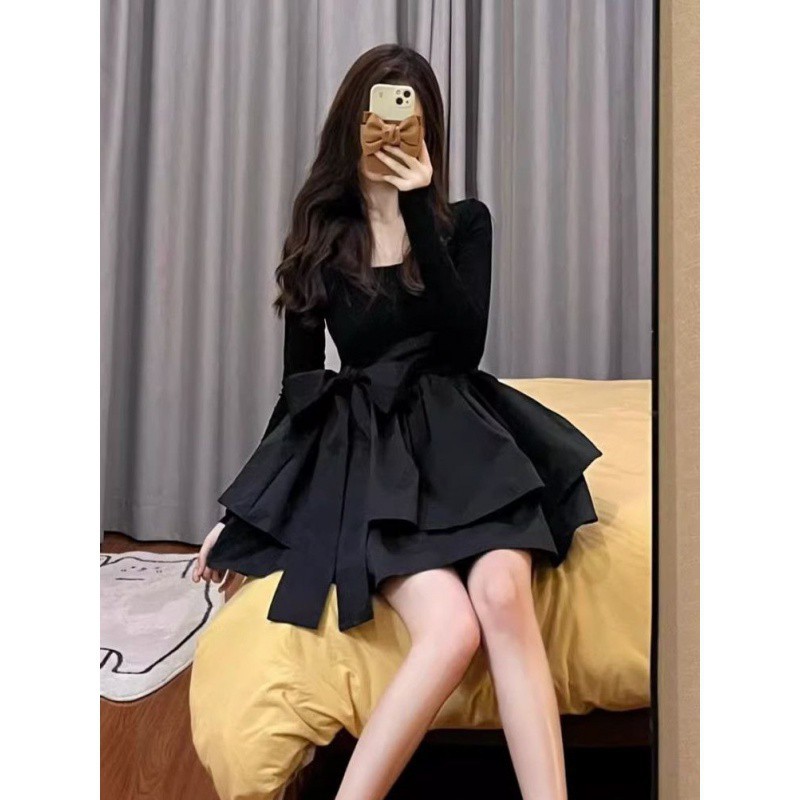 【1つ買うと10つ無料】ファンリン長袖ドレスメスの黒い腰は薄くて薄いパフプリンセススカート