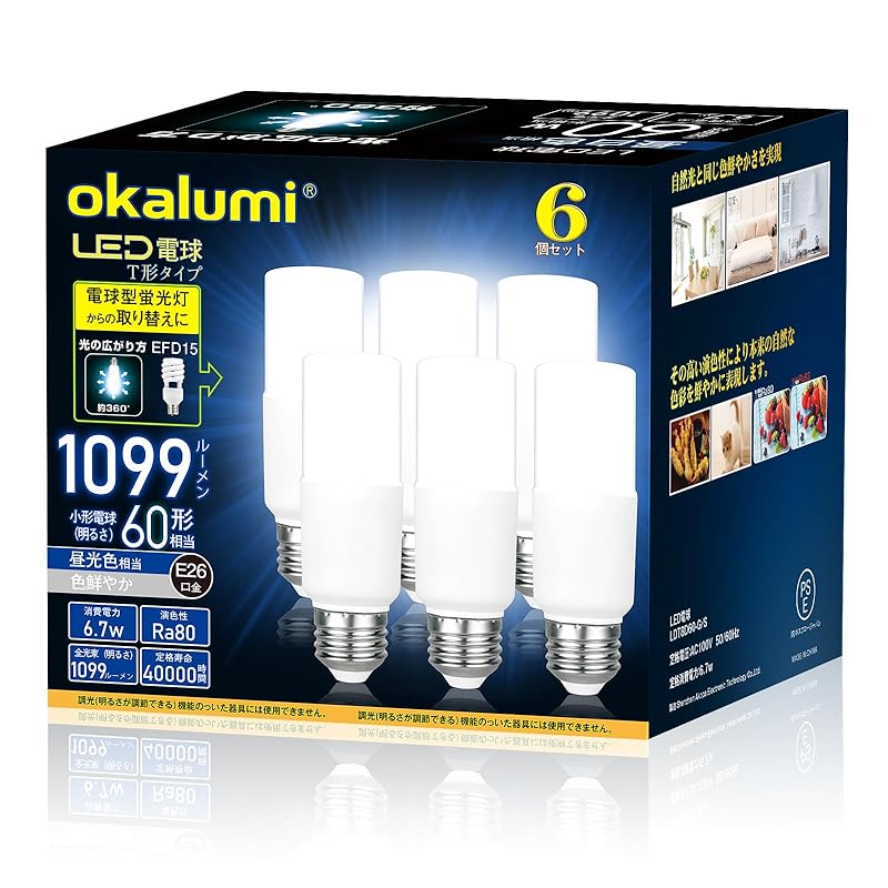 LED電球 T形タイプ 口金直径26mm 60w 100w形相当 昼光色 1099ルーメン (6.7W) 一般電球T形タイプ 密閉器具対応 6個セット【適格請求書発行可】