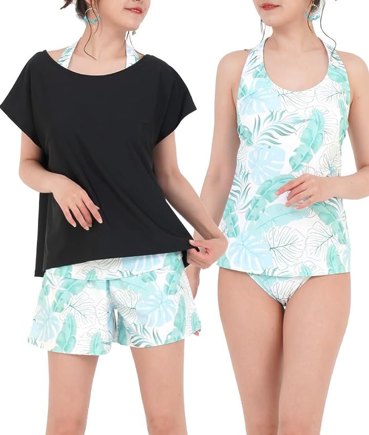 水着 レディース 体型カバー 4点セット タンキニ Tシャツ ハーフパンツ ショーツ グリーンリーフ x ブラック( グリーンリーフ x ブラック, S)