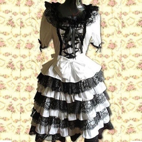 Handmade Cotton White and Black Lace Ruffles Gothic Lolita Dress Lolita c (Made to Order)