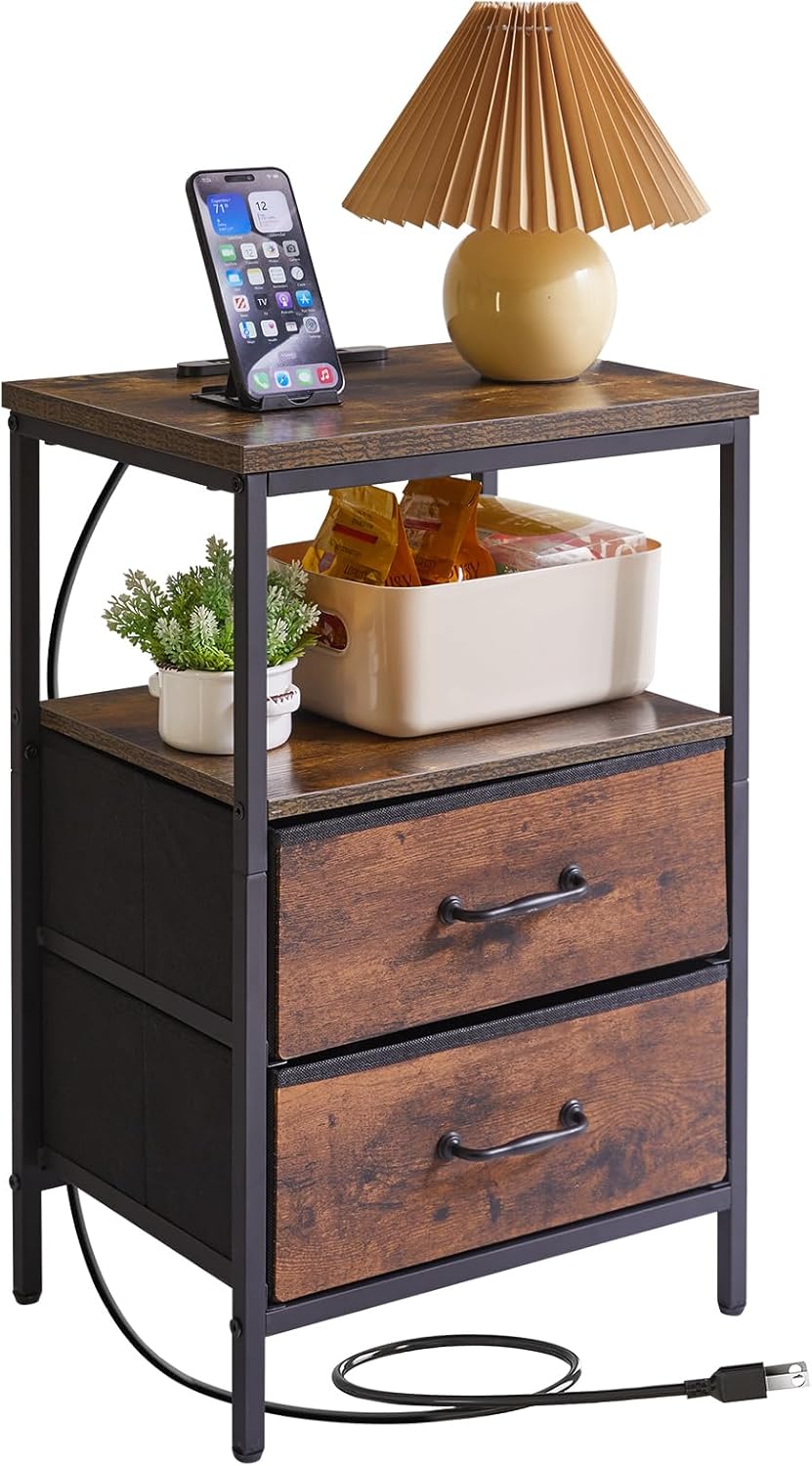 サイドテーブル コンセントとUSBポート付き 布製引き出し収納 幅40奥行き30高さ58cm