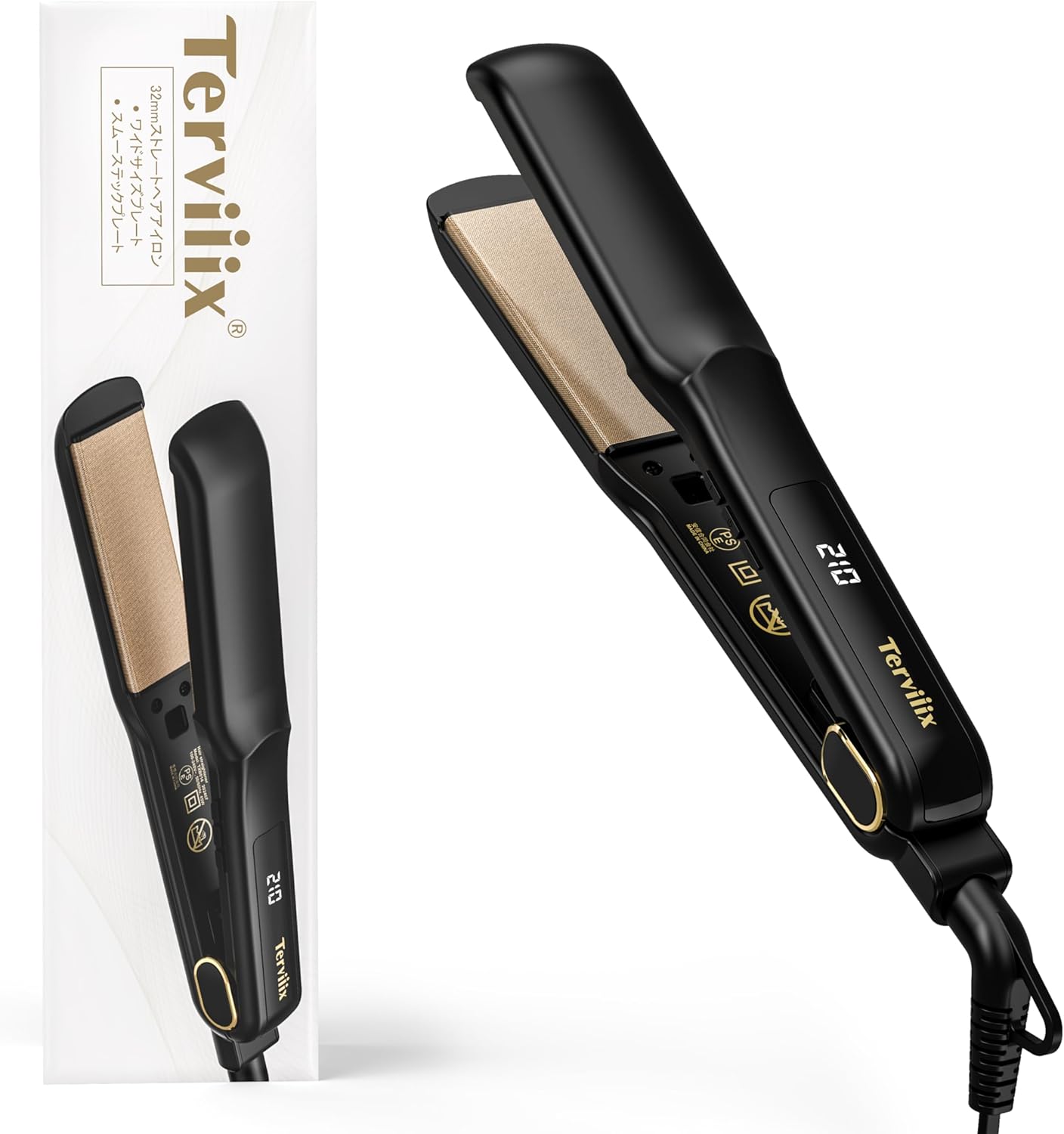 Terviiix ストレートアイロン 32mm幅広プレート シルク-スムーステックプレート 持ち運びヘアアイロン ストレート&カール両用 2way 10段階温度設定120-210℃ 海外対応