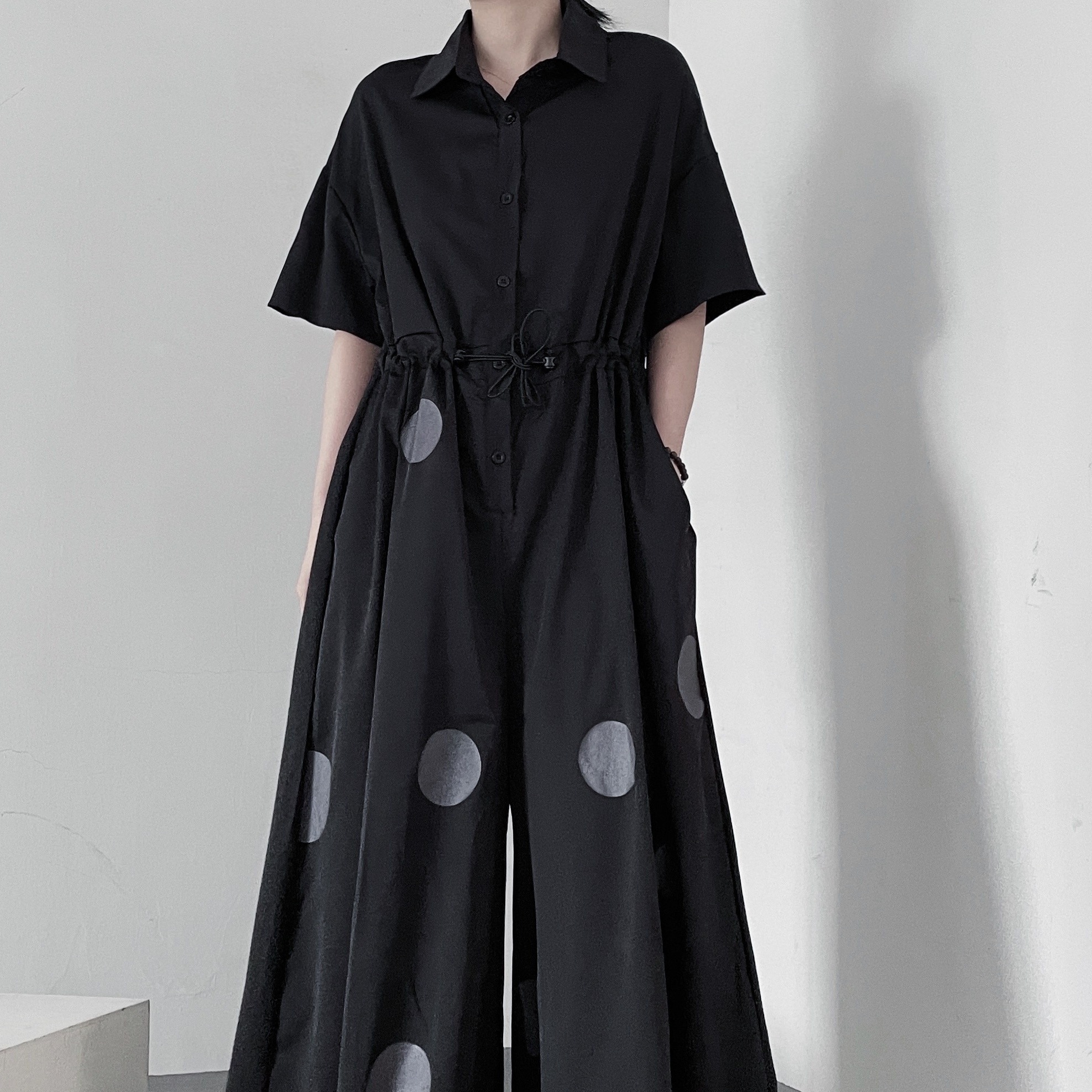 ワンピース ロングワンピース シャツワンピース ロング丈 半袖 襟付き ハーフボタン ウエストマーク かわいい 大人可愛い きれいめ シンプル 上品 おしゃれ かっこいい レトロ ラフ こなれ感