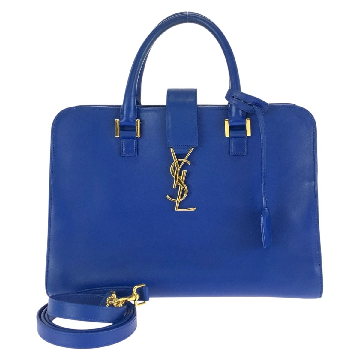 美品 モノグラム カバス YSL 2way ブルー ゴールド金具 レザー 357395 ハンドバッグ ショルダーバッグ レディース 602767