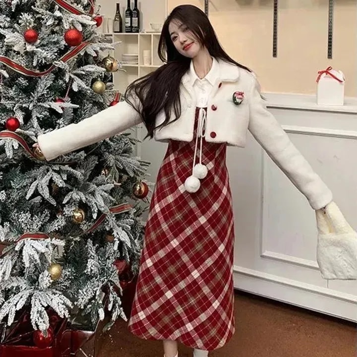 レッドチェック柄クリスマススーツスカートカレッジスタイルパッチワーク ツイードワンピースレディース秋冬スーツ