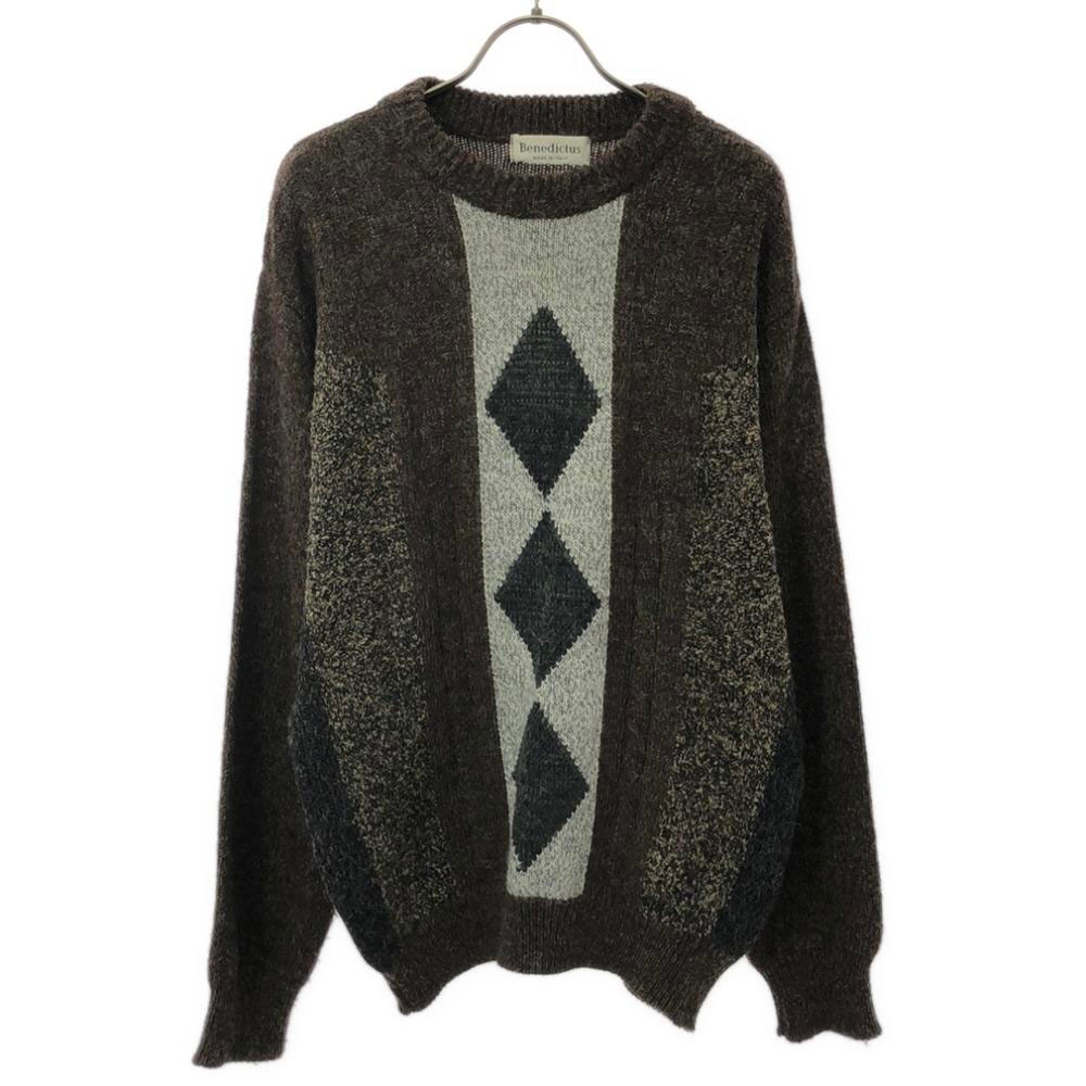 ベネディクトゥス 90s イタリア製 オールド ダイヤ柄 長袖 セーター ブラウン系×グレー Benedictus ニット メンズ