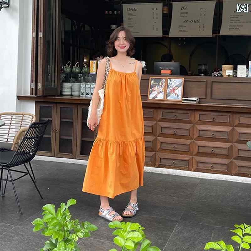 リゾート ワンピース レディース サスペンダー スカート リラックス ビッグ スカート ドレス ドーパミン 海辺 スタイル ビーチ スカート