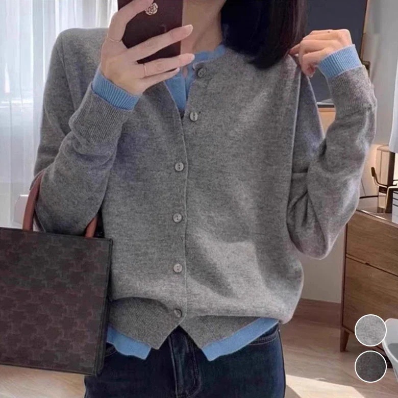 フェイクレイヤード 長袖 ニット セーター 重ね着 カーディガン