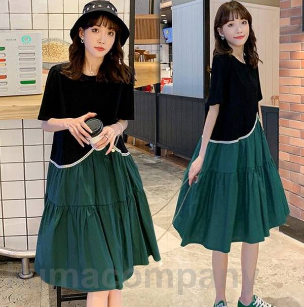 配色 切り替え Tシャツ ワンピース 半袖 膝丈 春 夏 ティアードワンピース レディース カジュアル 大きいサイズ 3L 4L 5L Aライン シンプル ナチュラル 韓国 ファッション ドッキングワ
