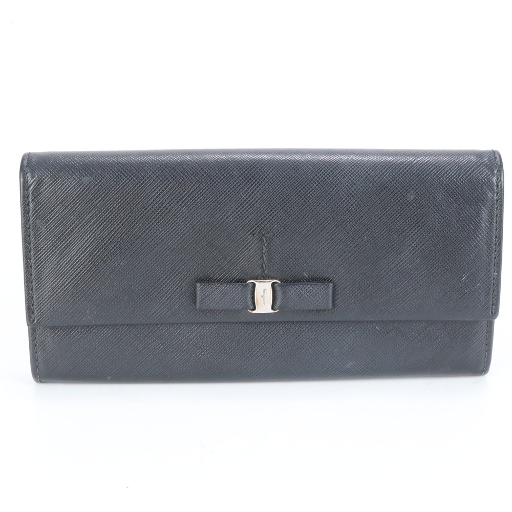 美品 ヴァラリボン レザー 長財布 長財布 二つ折り 三つ折り コンパクト ウォレット ラウンドファスナー ブラック 黒 レディース ECE CK1-3 中古