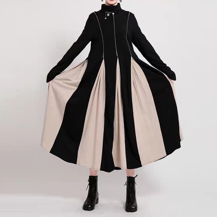 レディース ワンピース フレア 長袖 ハイネック アシンメトリー フレア Aライン フェミニン プリーツ ウエストマーク かわいい 大人可愛い おしゃれ かっこいい こなれ感 ガーリー 個性的 クール