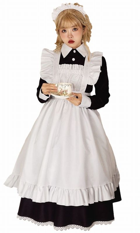 メイド服 ゴスロリ ロングドレス 長袖 ワンピース レストラン カフェ コスチューム コスプレ衣装 3点セット ブラック サイズ S―XXL