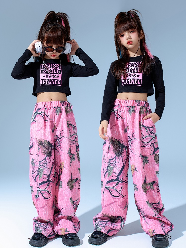 キッズ ダンス衣装 ヒップホップ 花柄シャツ セットアップ HIPHOP ダンスシャツ へそ出し タ24