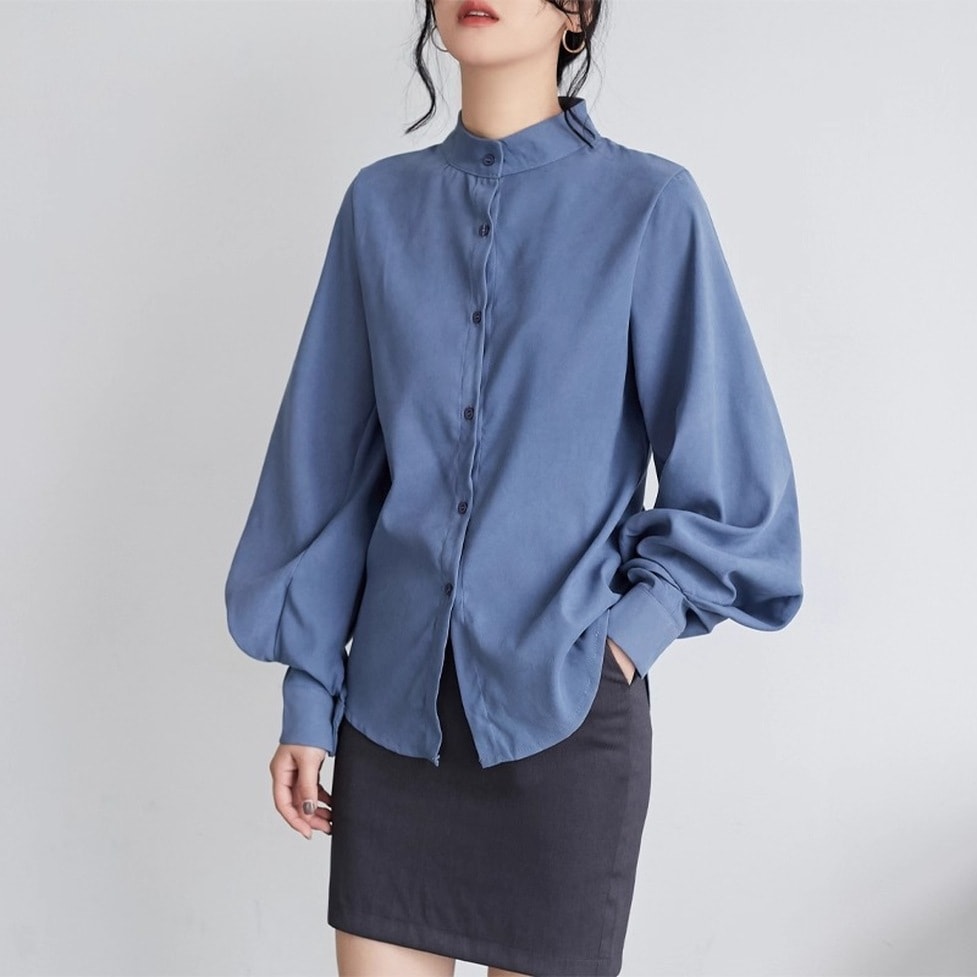 シャツ トップス シャツブラウス ノーカラーシャツ 袖コンシャスシャツ ブラウス ノーカラーブラウス 襟無し ノーカラー 無地 長袖 ボリュームスリーブ レディース かわいい 大人可愛い おしゃれ