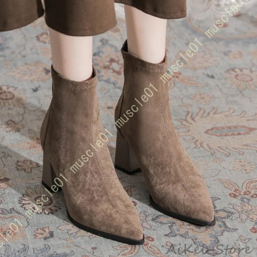 ショート ブーツ ハイヒール 7センチ スウェード 走れる 太ヒール 秋冬 通勤 通学 普段用 フェミニン パーティー ブーティ 入学式 帰省 ミドルブーツ 式