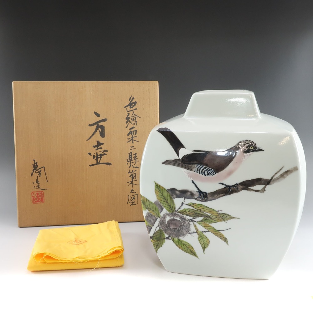 鈴木爽司 色絵栗二懸巣之図 方壺 花瓶 陶磁器 _ 中古品 Aランク