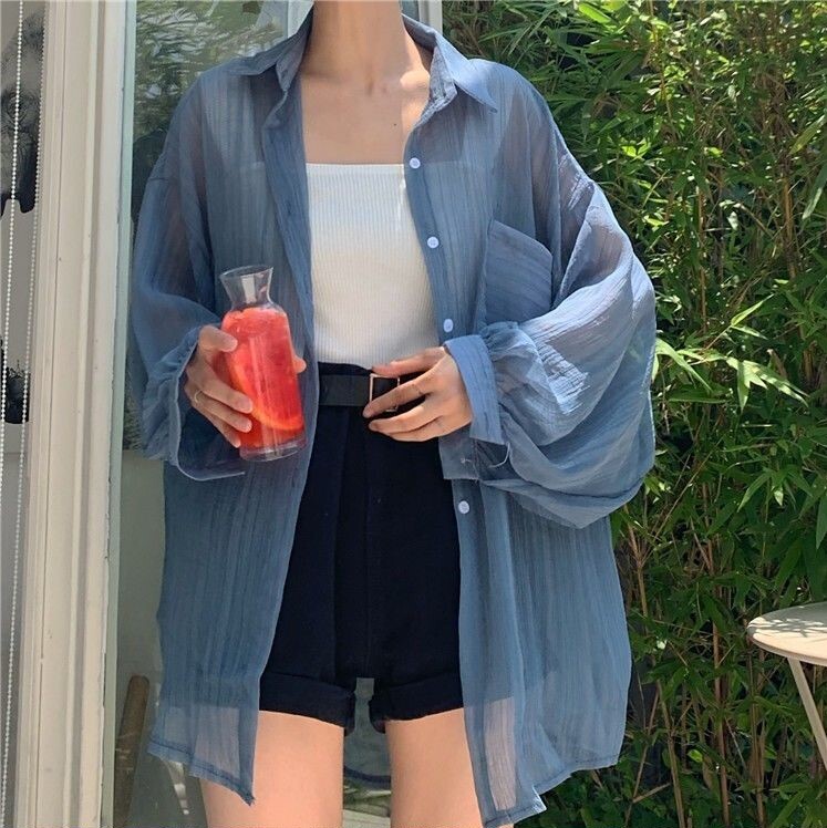 オーバーサイズ ふんわり袖 アンバランスヘム シアーシャツ トップス ブラウス ミディアム丈 チュニック丈 長袖 ボリューム袖 ランタンスリーブ ドロップショルダー 襟付き 前開き 透け感 シースルー 5,249円