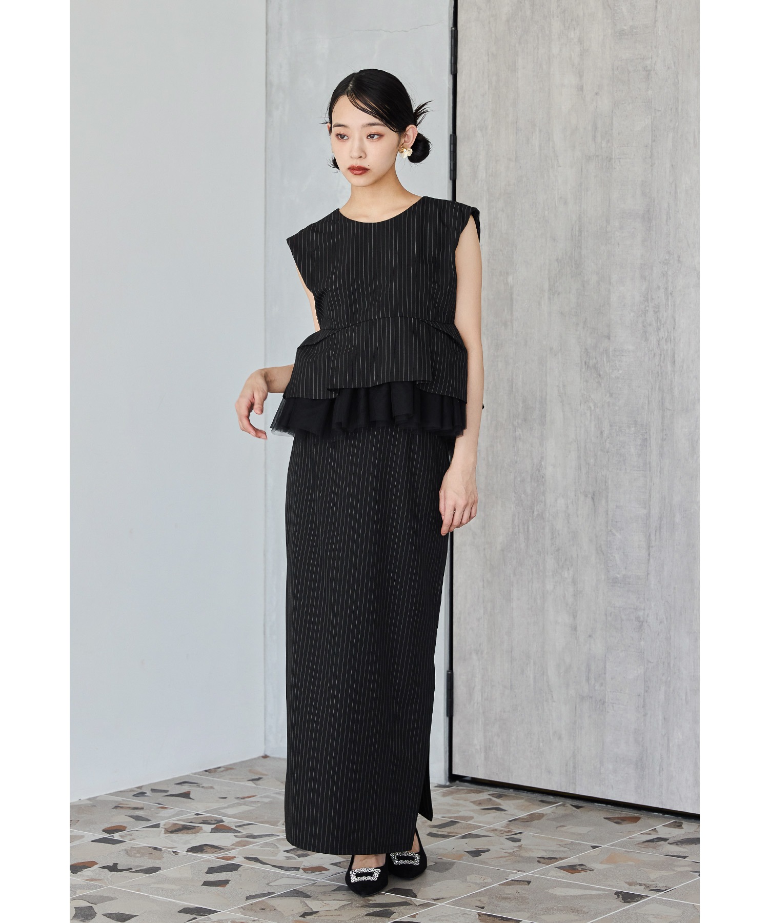 ピンストライプぺプラムセットアップドレス パーティードレス 結婚式 ペプラム ブラウス トップス スカート Iライン 2点セット お呼ばれ パーティー 二次会 披露宴 謝恩会 成人式 同窓会 入学式
