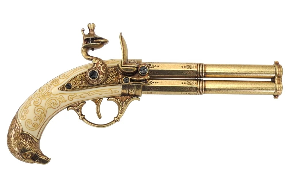 DENIX デニックス 1305 フリントロック 2バレル ゴールド 30cm レプリカ 銃 フリントロックピストル ミリタリー アーミー コスプレ ガン 模造 ピストル 拳銃 フリントロック銃