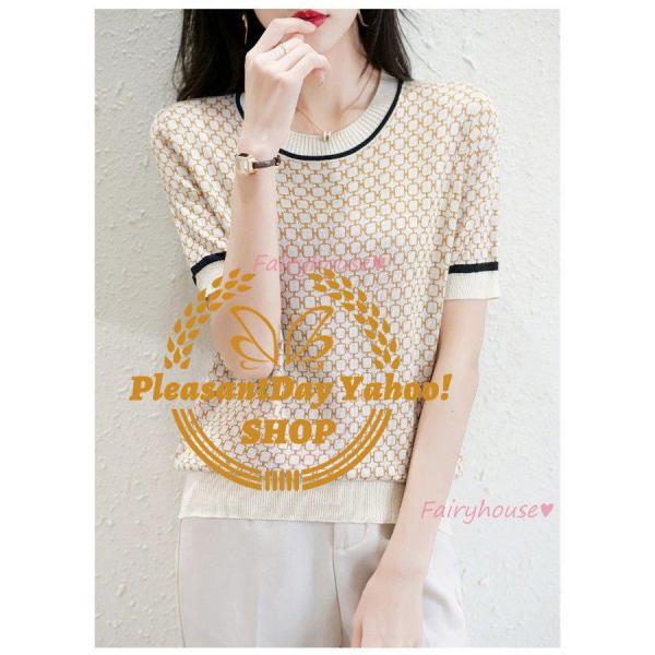 Tシャツ レディース 春夏新作 40代 半袖 ニットトップス チェック柄Tシャツ レション ショット丈ニットソー カットソー おしゃれ 大人 50代 30代