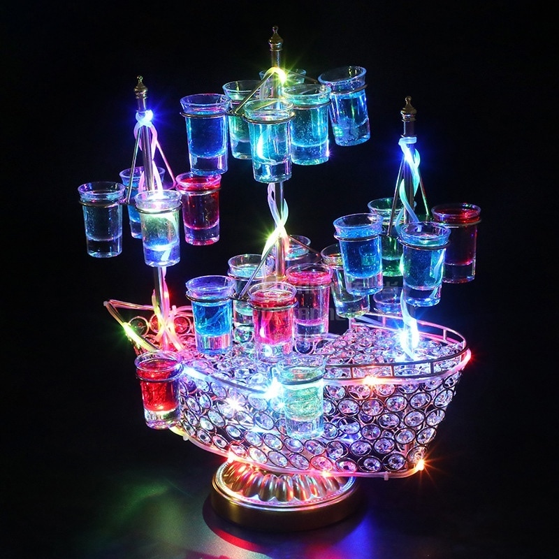 テキーラ観覧車 船 LED 収納棚 カクテルグラスホルダー 24カップ LED酒グラス 収納ラック バー ホテル KTV ナイトクラブに最適 パーティ