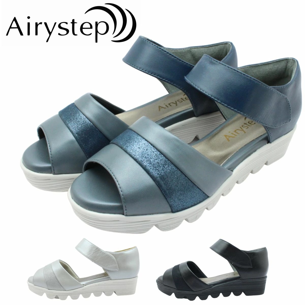Airystep エアリーステップ レディース レザー サンダル 553 3E ウェッジソール オープントゥ 軽量 ベルクロ 本革