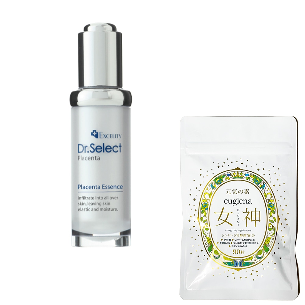 お得セットユーグレナ女神90粒＋プラセンタエッセンス　20ｍｌ　プラセンタエキス100％ 配合　エクセリティー プラセンタ原液　エッセンス 8,782円