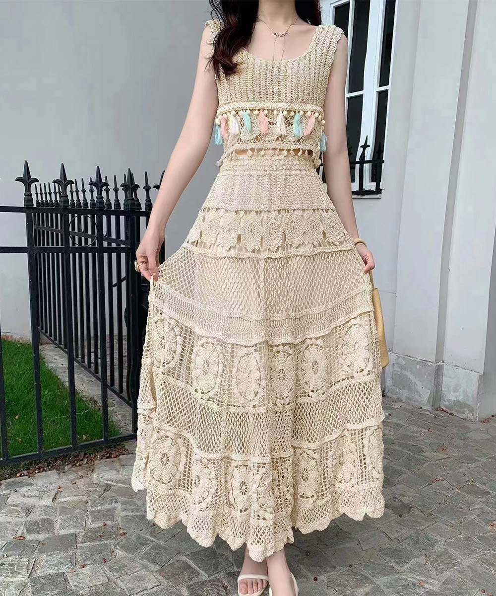 まとめ買い得2色ベージュ ホワイト ニット ニットセット ニットタンクトップ ニットロングスカート 編みニット OL 通勤 通学 お出かけ デート 旅行 南国風ファッション インスタ 撮影 アイド