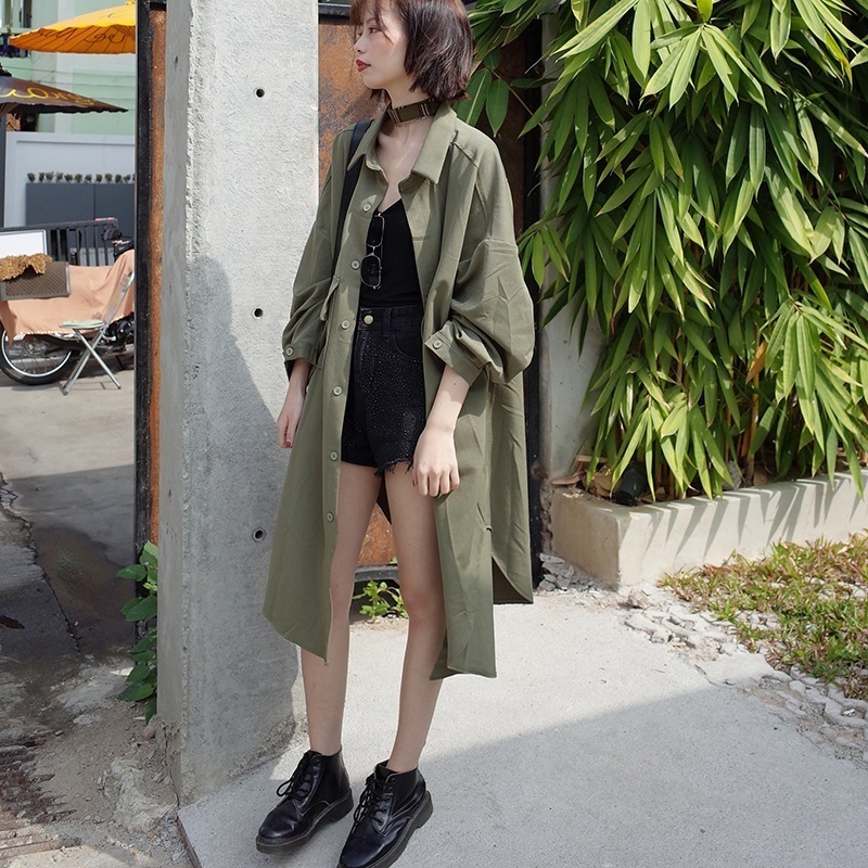 コート シャツ 羽織 膝下 ロング 長袖 ストレート Iライン 薄手 かわいい 大人可愛い かっこいい カジュアル 無地 春 秋 冬 お出かけ デート 学生 重ね着 モテ カーキ ブラック