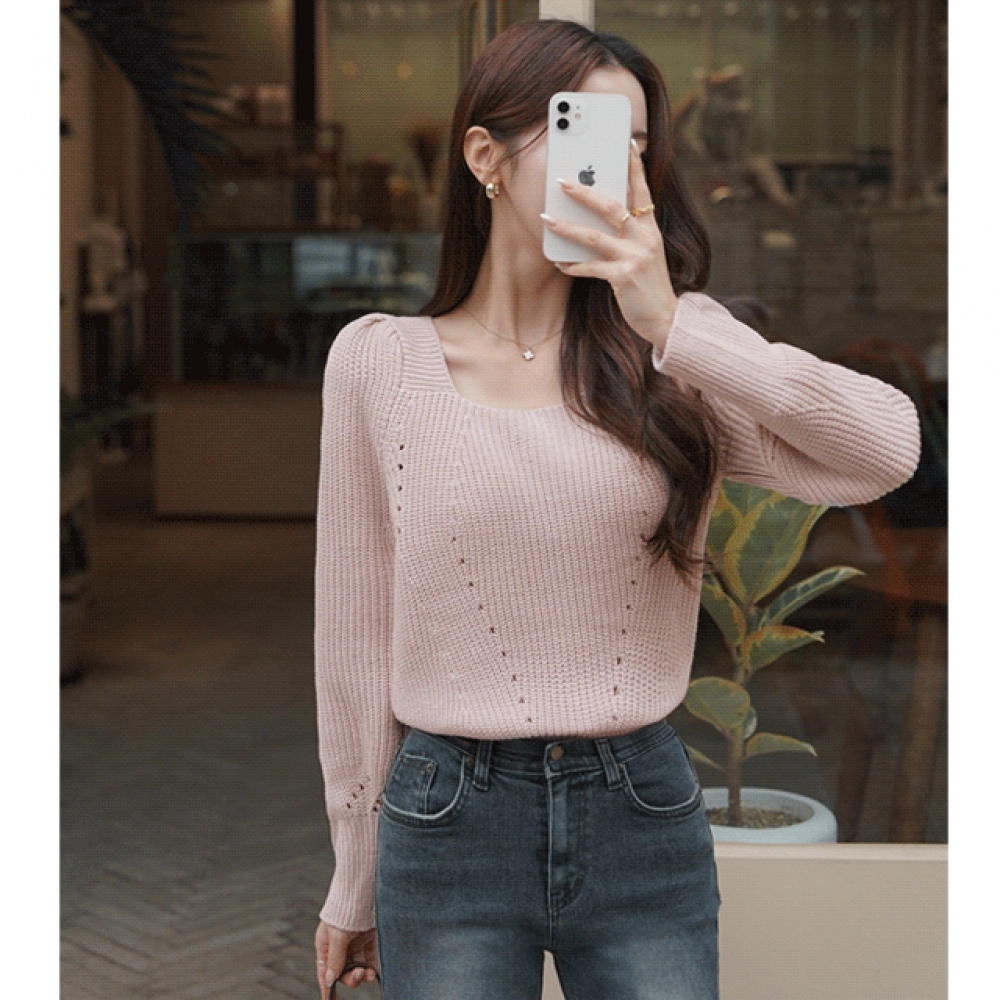 クリック＆ファニーイエローカシススクエアネックニット