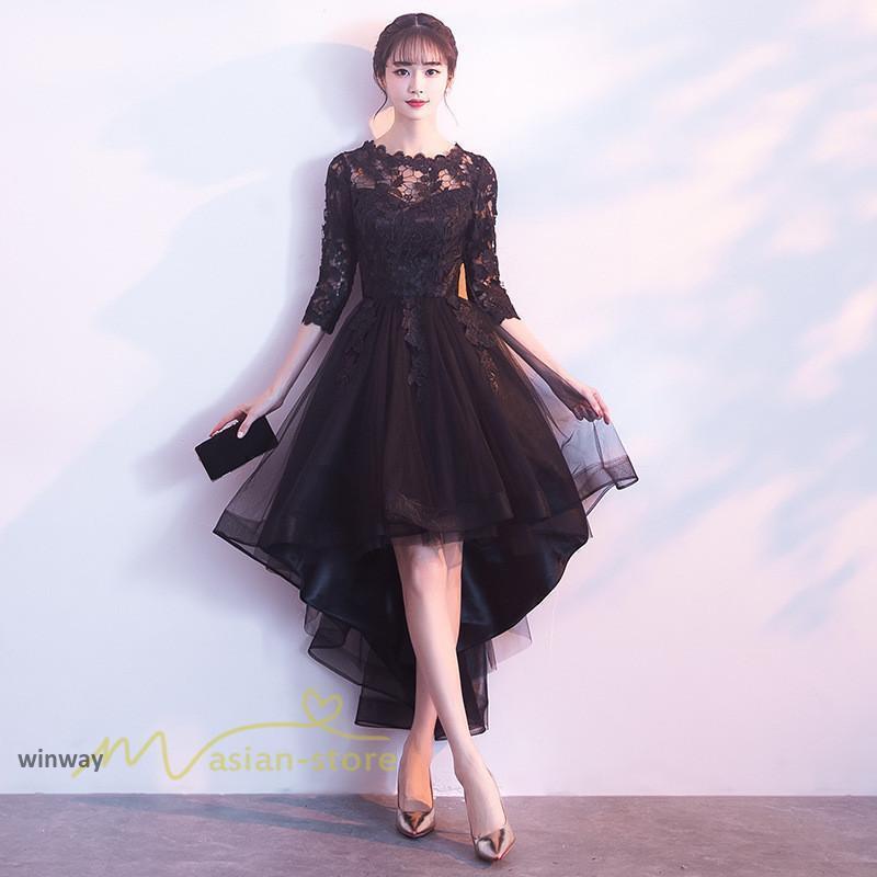 高品質新入 ドレス ワンピース 五分袖 レース チュール 刺繍 切り替え 結婚式 二次会 宴会 成人式 パーティー 上品 黒ワンピース 黒ドレス 前後差 ミセス