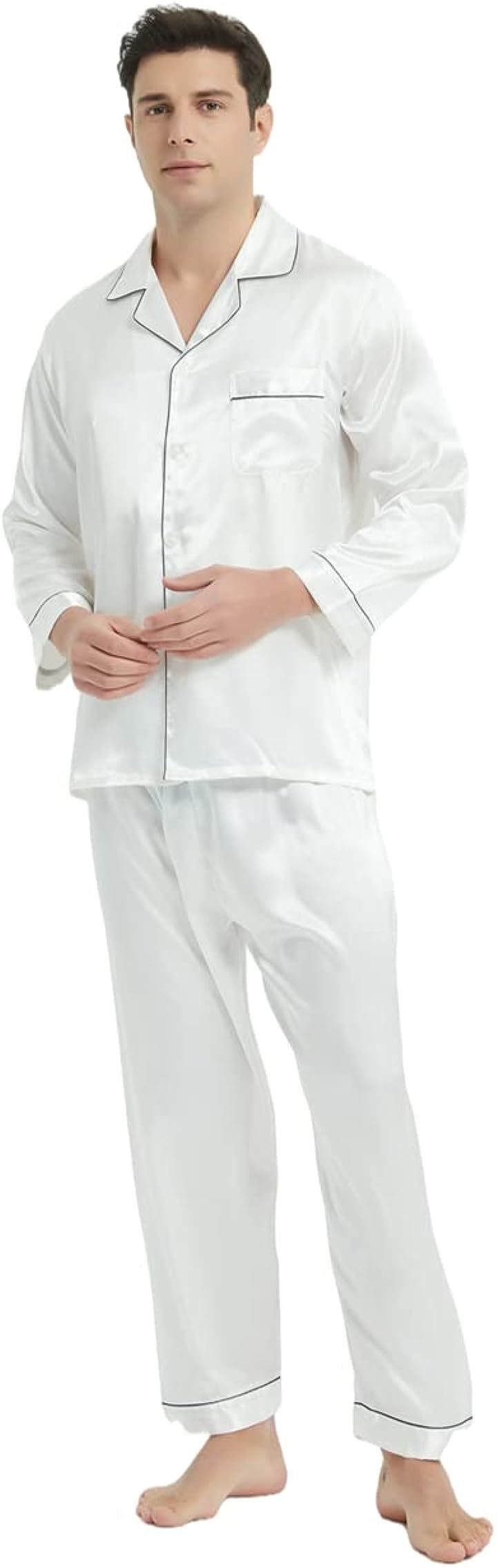 メンズ パジャマ シルク サテン 上下セット ルームウェア 部屋着 長袖 前開き( ホワイト, 2XL)