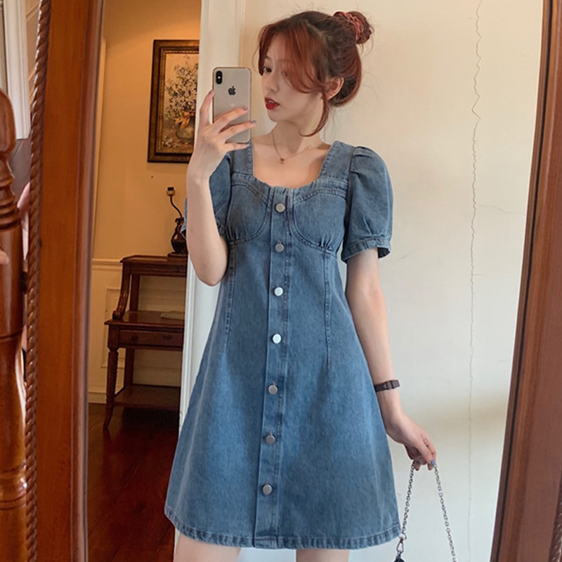 デニムワンピース ブルー ワンピース スリム 細身 ストレート スマート かわいい きれいめ