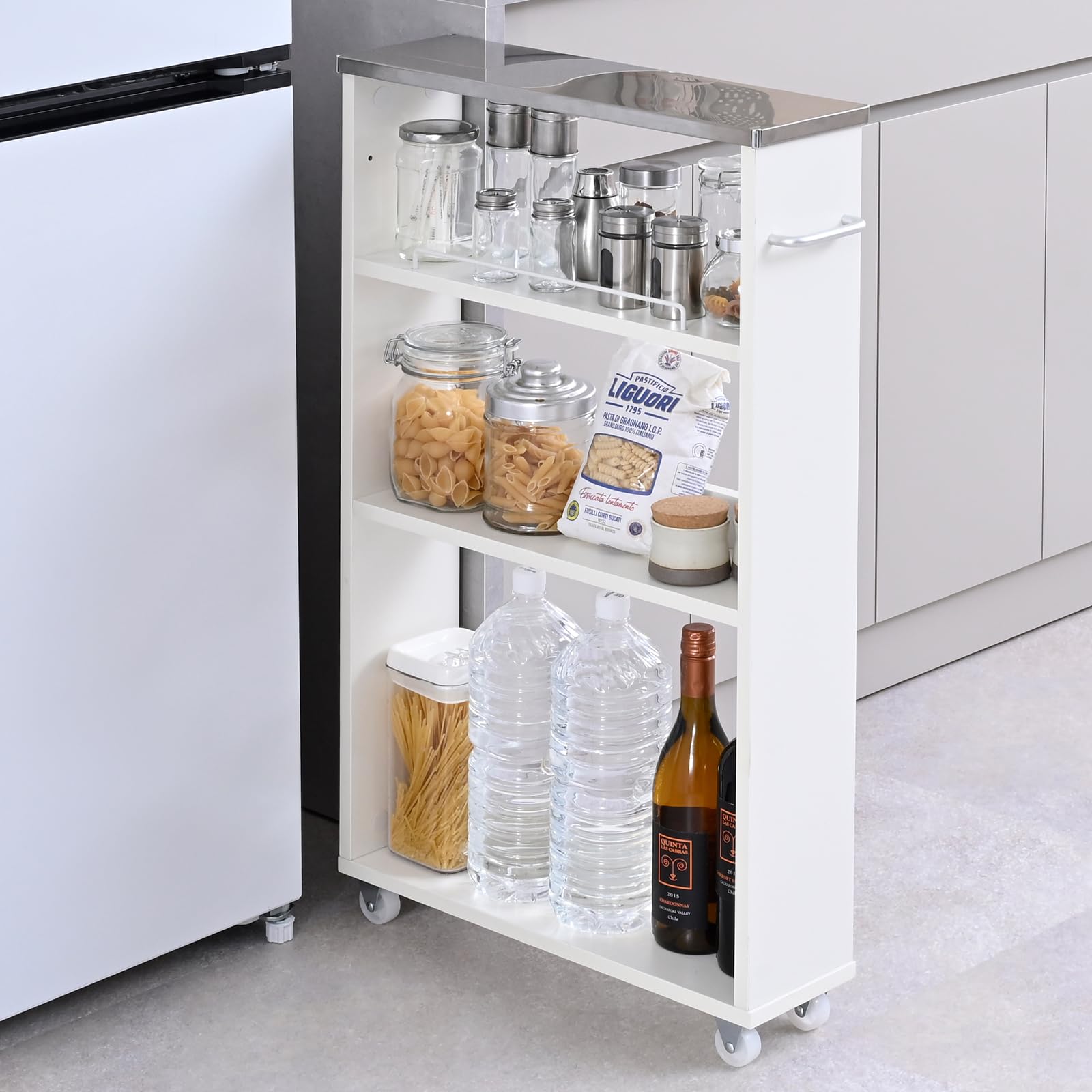 全国送料無料 山善(YAMAZEN) ワゴン キッチンワゴン スリム 4段 キャスター付き (ステンレス天板耐熱温度 : 200度) 隙間収納 キッチン 幅15×奥行50(取っ手含む奥行53)×高さ8