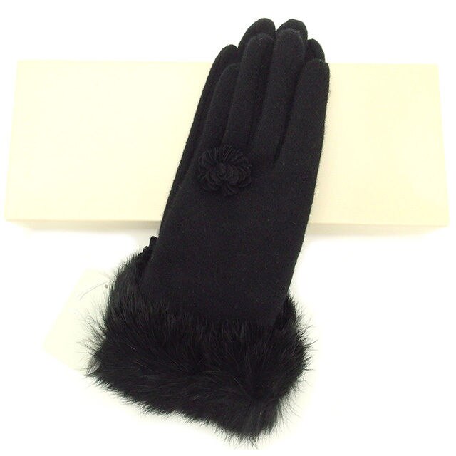 手袋 グローブ ラビットファー フラワーモチーフ ブラック 中古