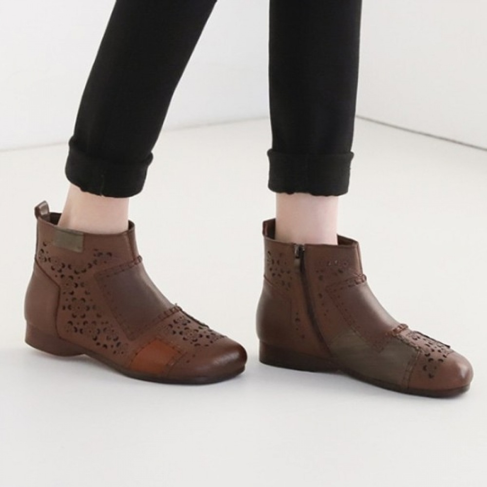 (Ninaspari) 牛革キルトフラワーパンチングアンクル