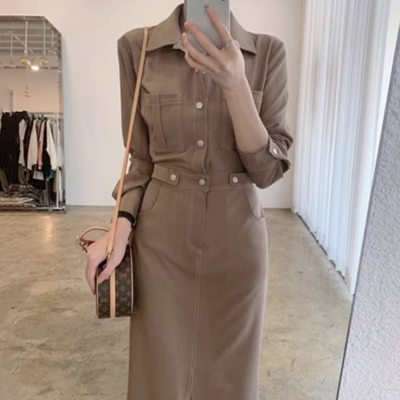 デニムワンピース 2色 ステッチ レディース ワンピース ミモレ 長袖 タイト スリム 細身 かわいい 大人可愛い きれいめ シンプル カジュアル おしゃれ レトロ こなれ感 S M L XL 2XL