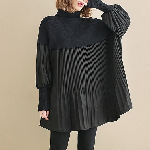 トップス セーター 長袖 タートルネック プルオーバー ミディアム丈 マトンスリーブ 切り替えデザイン プリーツ かわいい 大人可愛い きれいめ シンプル 上品 おしゃれ かっこいい カジュアル