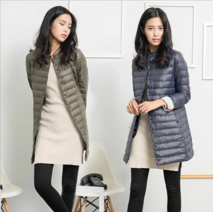 ダウンジャケット インナーダウン レディース ロング丈 薄手 ノーカラージャケット 大きいサイズ 撥水 発熱 吸湿 無地 シンプル 秋 冬 アウター コンパクト 軽い ダウンコート あったか 暖か