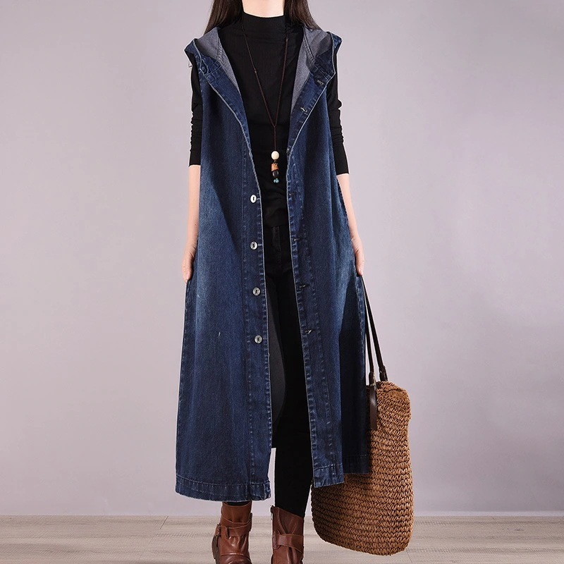 【韓国の人気爆発】無地 ポケット 付きフード付き デニム カーディガン