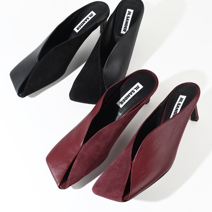 ミュール シューズ レザー スクエアトゥ ハイヒール J16WP0004 P6442 レディース ブッド ヒール ロゴラック ワインレ