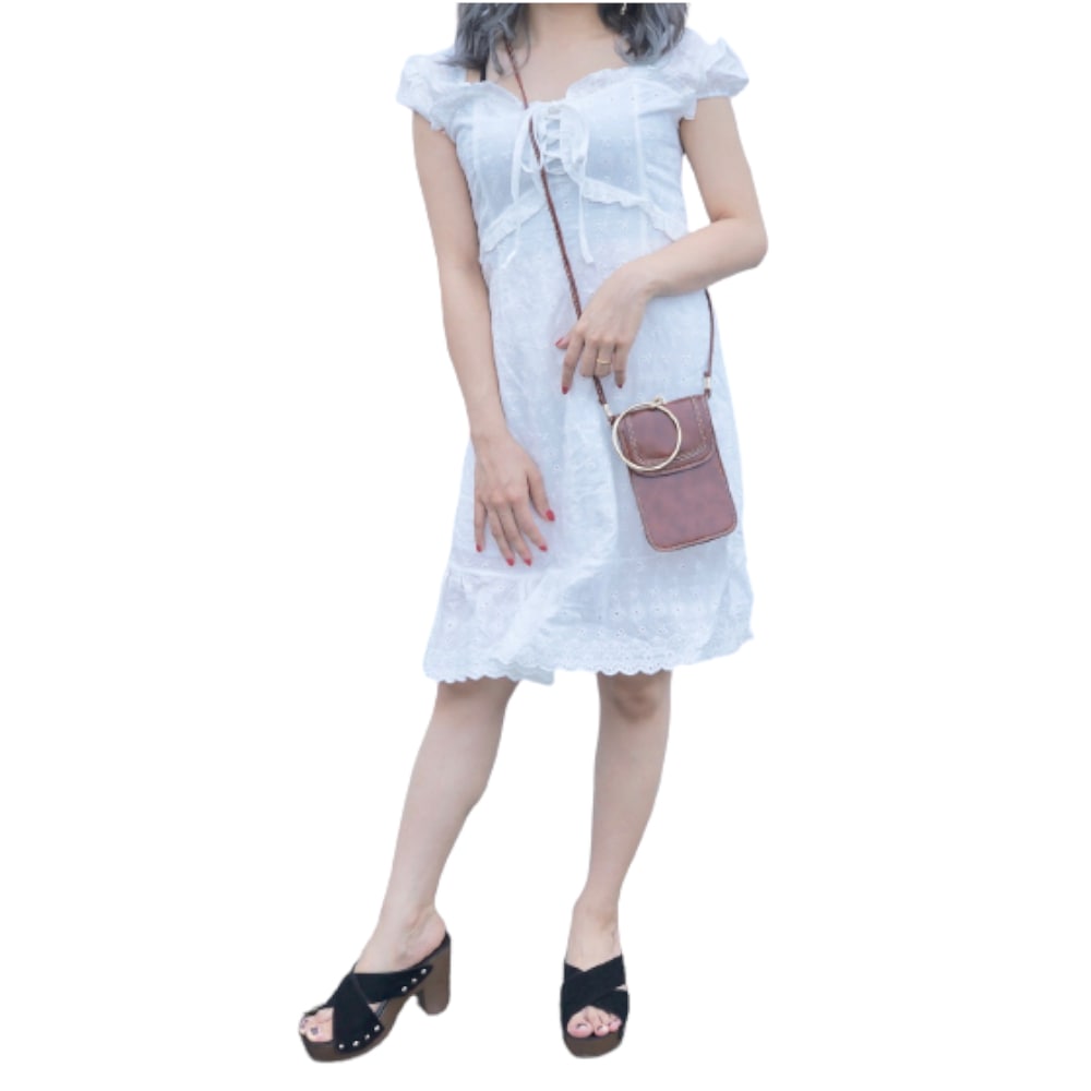 Cutwork Cotton Lace Puffsleeve Onepiece (white) A,D,G レディース