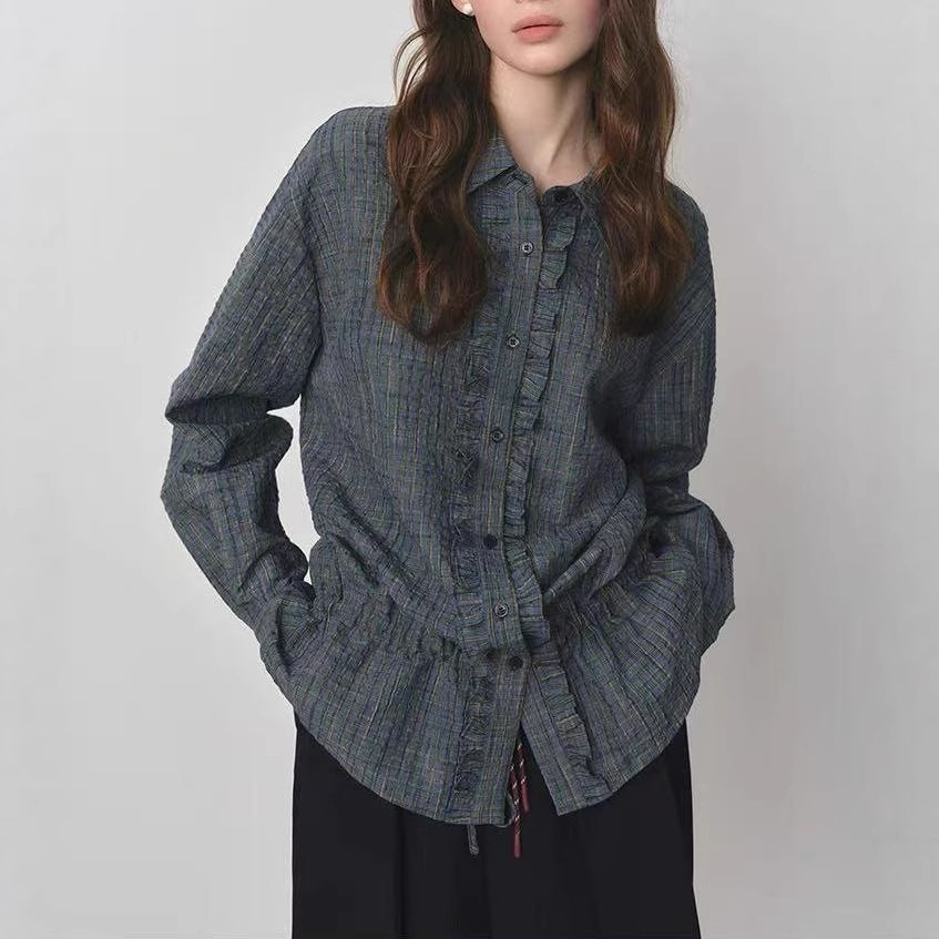 【送.料.無.料.急速発送】レトロなけだるい木の耳元に泡格子の肌理シャツ秋2025シャツ
