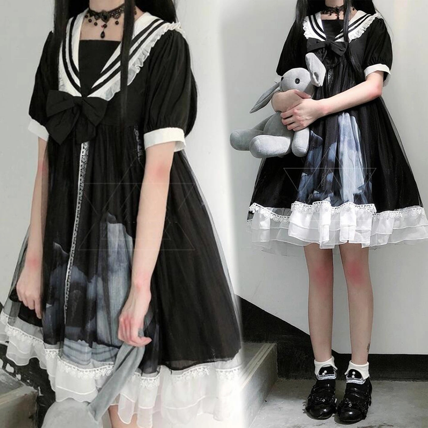 ロリータワンピース ゴシックロリータ 半袖 長袖 ワンピース レディースワンピ ショート丈 ゴスロリ セーラーカラー プリント柄 魔女コスプレ コスチューム ロリータファション ハロウィン イベント
