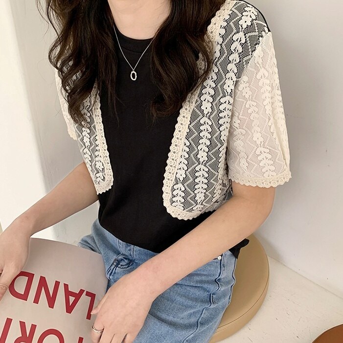 2color レディース トップス カットソー Tシャツ 半袖 半そで 異素材 レース 袖レース 切