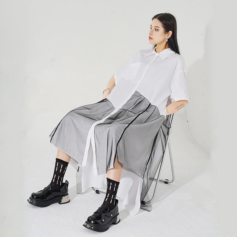 日韓 おしゃれ POLO领 ノーバランス メッシュ 切り替えワンピースレディース夏新作コントラストカラー 個性気質シャツワンピース