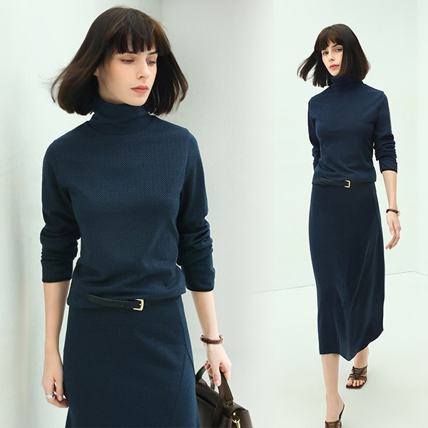 ツーピース ニットセット 上下セット ハイウエスト ハイネック 長袖 カットソー セーター トップス ミディアム丈 スカート 2点セット 通勤 面接 デザイン フェミニン エレガント tz001cy
