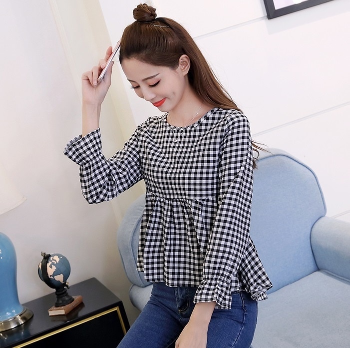 2331.ギンガムチェックぺプラムラウンドネック七分袖ブラウス(ブラック) 2019 春夏 新作 大人 かわいい カジュアル OL 20代 30代 デート服 女子会 ギャザー フレア